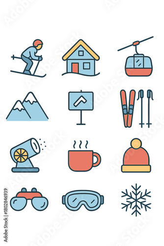 A collection of ski resort vector icons in outline style, ready for web design, displayed on a white background