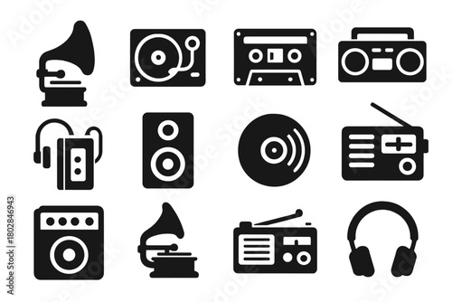 Retro Music Icons. Solid style icons of Retro Music Devices: Gramophone, Turntable, Cassette, Boombox, Walkman, Speaker, Vinyl,