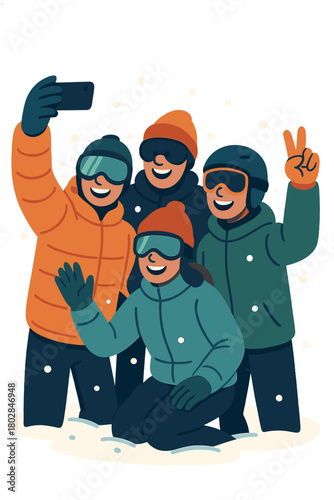 In winter, friends enjoy extreme sports on the snow, taking selfies together