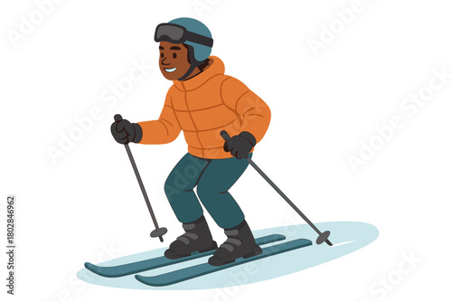 Portrait of a young African American man in ski gear and jacket, skiing on ice as part of a winter sports and hobbies concept