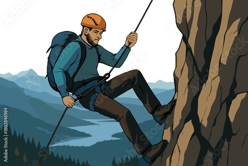 A daring adult male rappels down a rugged cliff in a 3D composite artwork featuring an aerial view of British Columbia's mountains