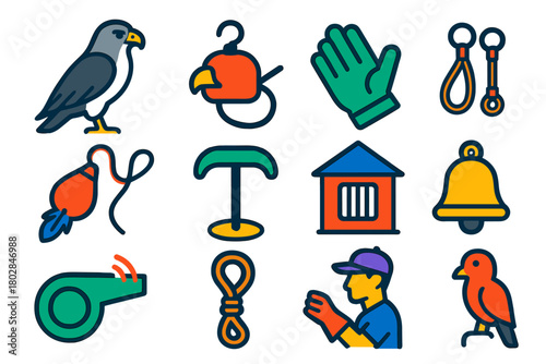 Hunting Birds Icons. Flat vector icons of Hunting Birds: falcon, prey, hood, glove, jess, lure, perch, mews, bell, whistle, tether