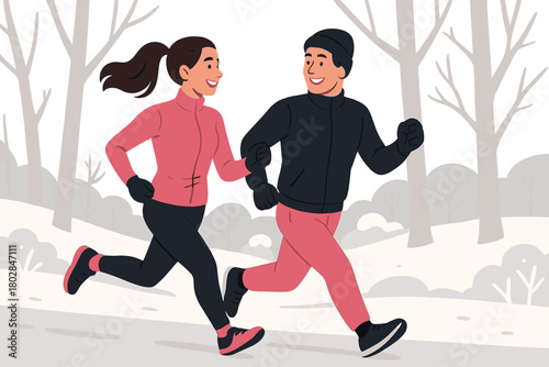 A cheerful couple in pink and black sportswear runs in slow motion through a winter park, captured in a tracking shot that showcases fit people enjoying outdoor activities together, embodying the