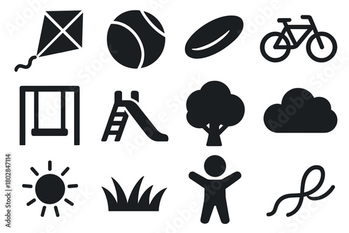 Outdoor Activity Icons. Solid style icons of Outdoor Activities: Kite, Ball, Frisbee, Bicycle, Swing, Slide, Tree, Cloud, Sun,