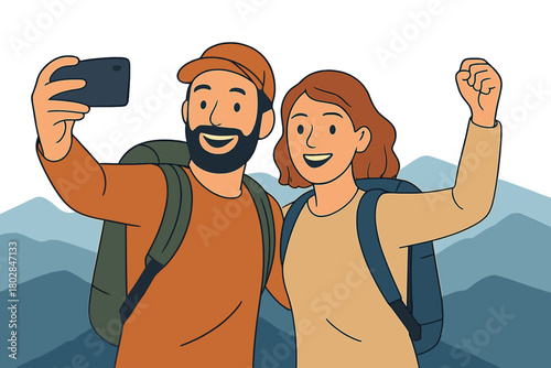 A joyful couple captures a selfie while hiking the mountains, triumphant hikers at the summit grinning for the camera