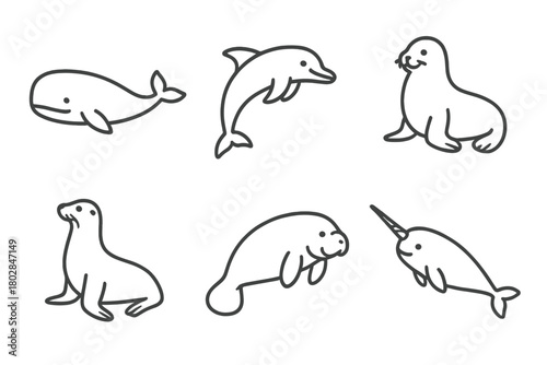 Ocean Mammal Icons. Line style icons of ocean mammals: whale, dolphin, seal, sea lion, manatee, narwhal. No text, No labels,