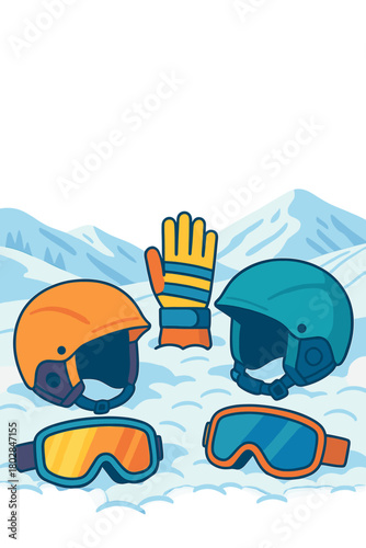A showcase of winter sports equipment, including vibrant ski goggles, gloves, and helmets, set on pristine, powdery snow with ski slopes behind