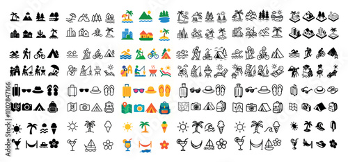Vacation icons collection in black and color