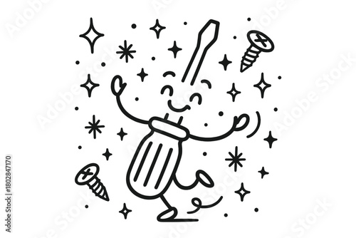 Dancing Screwdriver Delight. Whimsical doodle vector illustration of a smiling screwdriver twirling happily, surrounded by doodle