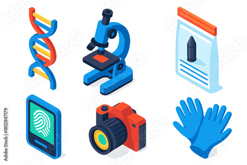 Forensic Evidence Icons. Isometric vector illustration set Forensic Evidence: DNA icon, optical microscope, plastic evidence bag,