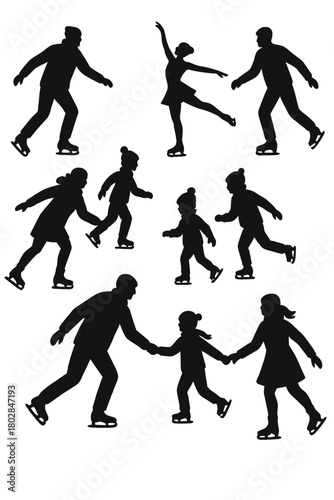 Silhouettes of men, women, and children ice skating, winter activity, figure skating, cold‑weather fun, vector design elements