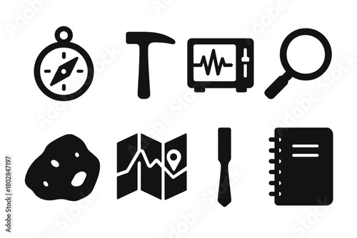 Geological Instruments Icons. Solid style icons of Geological Instruments: Compass, Hammer, Seismograph, Magnifying Glass, Rock