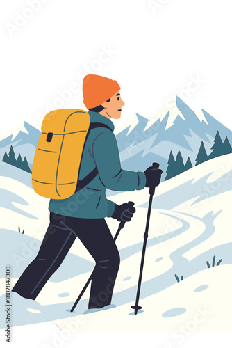 Exploring snowy peaks by hiking and trekking, equipped with a backpack and trekking poles, embracing an active outdoor lifestyle