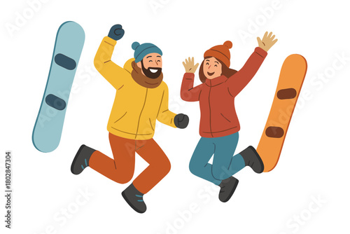 A joyful pair of snowboarders enjoy jumping with their boards during a winter holiday at a ski resort