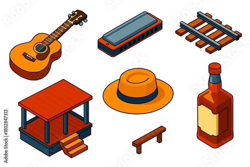 Delta Blues Icons. Isometric vector illustration set Delta Blues: Acoustic Guitar, Harmonica, Railroad Track, Porch, Straw Hat,