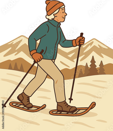 A senior woman snowshoeing in Sun Valley, Idaho, United States