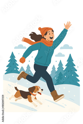 A woman in 4K footage runs with her beagle on a snowy hill, leaping and shouting, showcasing animals, nature, outdoor time, and winter sports