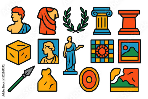 Roman Sculpture Icons. Flat vector icons of Roman Sculpture Elements: bust, toga, laurel wreath, column, pedestal, marble block,