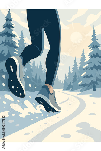 Grey sports shoes kicked up a trail of snow as the runner's legs moved, with frosted pine trees lining the path and bright winter sun breaking through the clouds