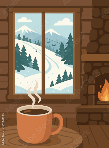 A snug winter lodge interior with a steaming mug of cocoa and a view of a snowy ski slope