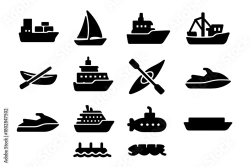 Ocean Transport Icons. Solid style icons of ocean transport: cargo ship, sailboat, fishing trawler, rowboat, ferry, kayak, jet ski