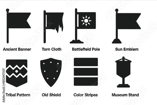 Historic Flags Icons. Solid style icons of Historic Flags: Ancient Banner, Torn Cloth, Battlefield Pole, Sun Emblem, Tribal