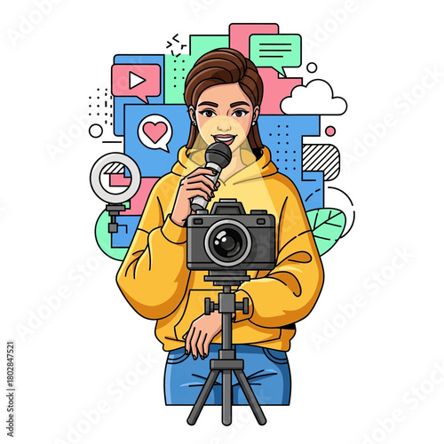 A young woman vlogger holding a microphone and recording a video with a camera on a tripod.