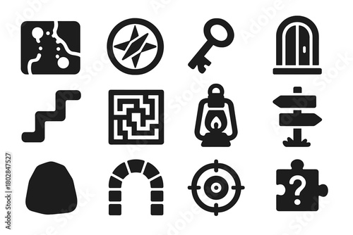 Puzzle Adventure Icons. Solid style icons of Puzzle Adventure: Map, Compass, Key, Door, Path, Maze, Lantern, Signpost, Stone, Arch