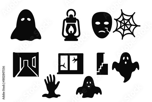Eerie Haunting Icons. Solid style icons of Haunting Atmosphere: eerie shadow, dim lantern, cracked mask, cobweb, abandoned