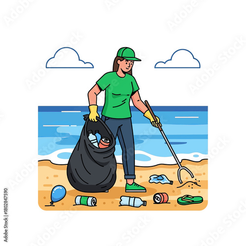 A female volunteer cleaning up plastic waste and garbage from a sandy beach with a litter picker and a trash bag.