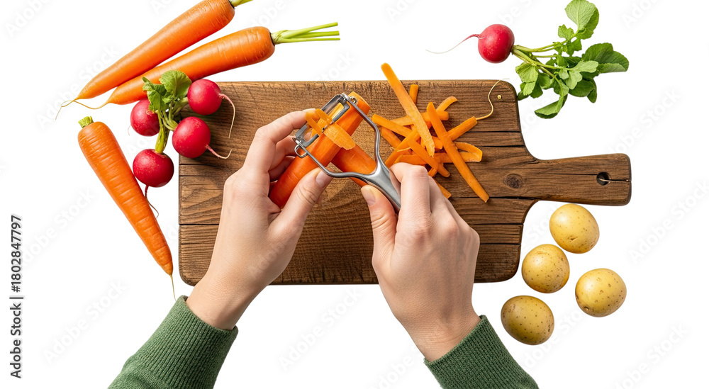 Obraz premium Top-down view of a person peeling a fresh orange carrot with a peeler over a rustic wooden cutting board surrounded by radishes and potatoes, isolated on a black background