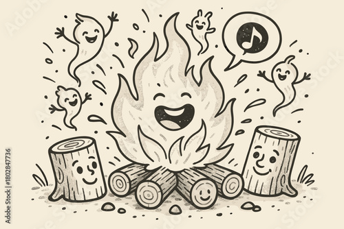 Joyful Campfire Tales. A doodle of a joyful campfire telling stories with hwyl, sparks turning into cheerful creatures, and logs