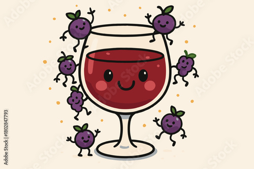 Cheerful Wine Glass. Cheerful wine glass with a smiling face, tiny grapes climbing around it like playful doodle characters