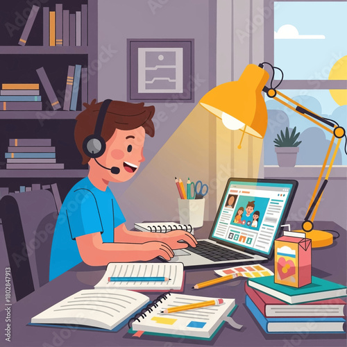 Boy learning online with laptop, headset, books, and juice box in a room.