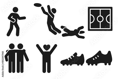 Outdoor Team Sport Icons. Solid style icons of Outdoor Team Sports: Disc, Jump, End Zone, Layout Catch, Field, Teammates, Spirit,