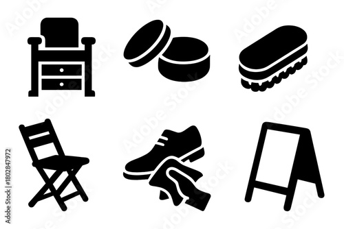 Shoeshine Tools Icons. Solid style icons of Street Shoeshine: Cobbler Stand, Tin of Wax, Old Brush, Folding Chair, Customer Shoe,