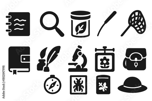 Science Exploration Icons. Solid style icons of Scientific Exploration: Sketchbook, Magnifying Glass, Specimen Jar, Butterfly Net,