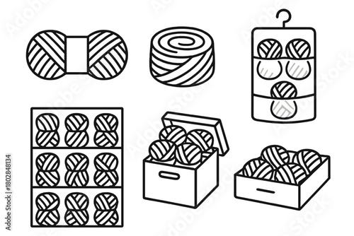 Yarn Storage Icons. Line style icons of yarn storage: yarn skein, yarn cake, hanging organizer, shelf with yarn, storage box, yarn