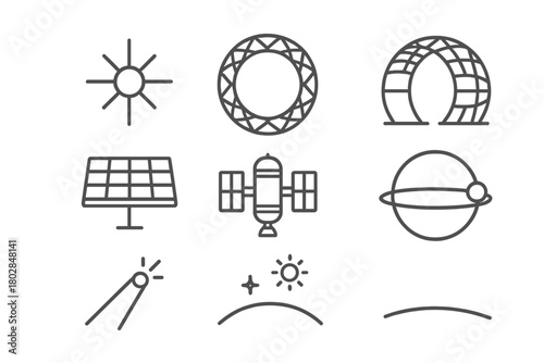 Dyson Sphere Icons. Line style icons of Dyson Sphere: Star Center, Energy Collector, Megastructure Segment, Solar Panel, Satellite