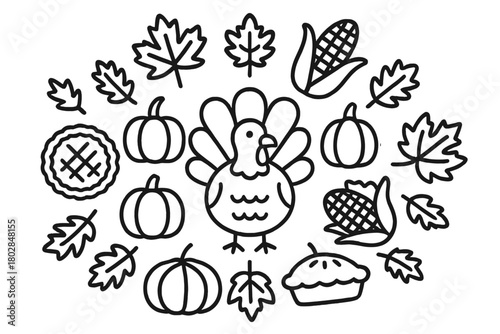 Thanksgiving Symmetry Illustration. Turkey in the center with autumn leaves, pumpkins, corn, and pies radiating outward in