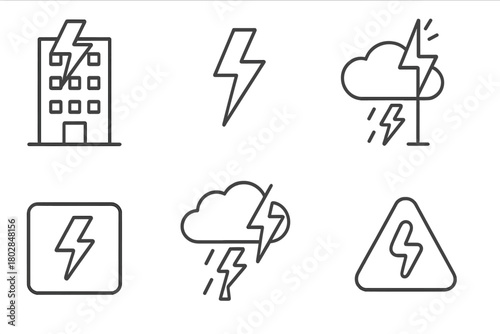 Lightning City Icons. Line style icons of Lightning Over City: Building, Bolt, Thundercloud, Rod, Power Surge, Rain, Tree, Warning