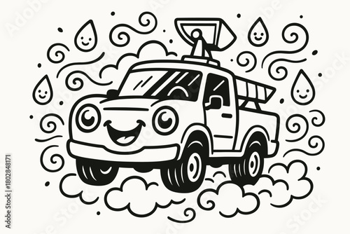 Joyful Storm Chaser. Cute doodle vector artwork of a cheerful storm-chasing truck with big smiling headlights, rolling through