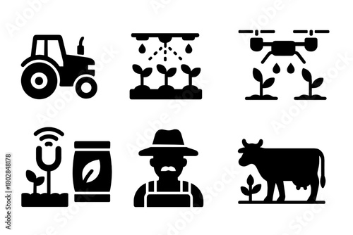 Smart Farming Icons. Solid style icons of Smart Farming: tractor, irrigation system, greenhouse, drone sprayer, crop sensor, seed