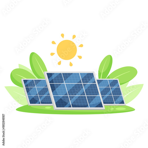 Solar panels absorbing sunlight with green leaves and sun above on white background, clean energy concept. Vector illustration