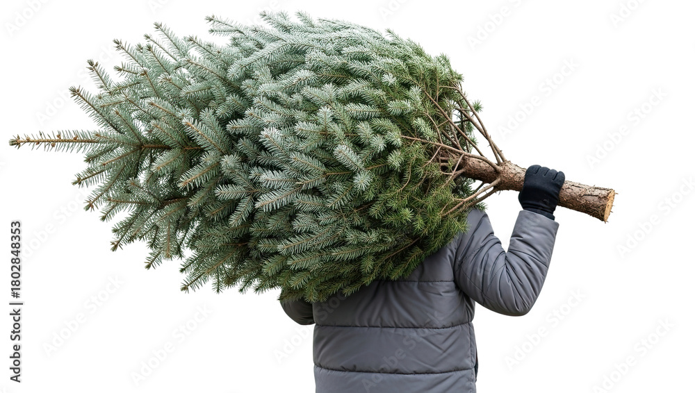 Naklejka premium A person in a warm winter jacket carries a freshly cut evergreen Christmas tree on their shoulder, viewed from behind and isolated on a black background for the holiday season