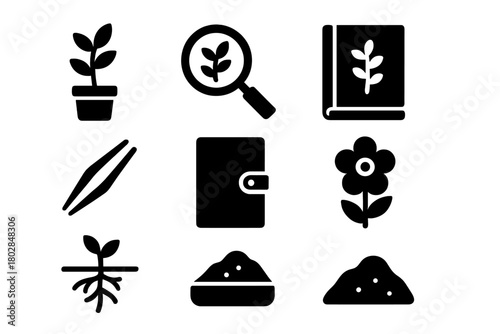 Early Botany Icons. Solid style icons of Early Botany Experiments: Plant Specimen, Magnifying Glass, Herbarium, Tweezers, Notebook