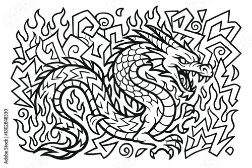 Graffiti Dragon Art. Graffiti-style dragon curling across a wall with flames, spirals, and abstract letters around, black and