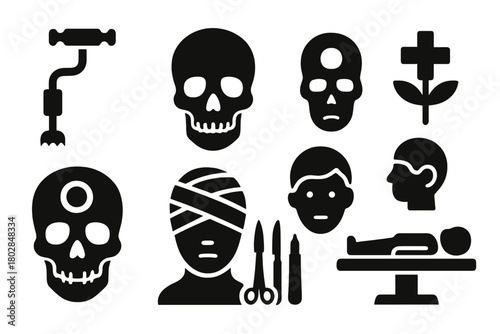 Vintage Skull Operations Icons. Solid style icons of Vintage Skull Operations: Trepanation Drill, Skull, Hole, Healing, Bandages,