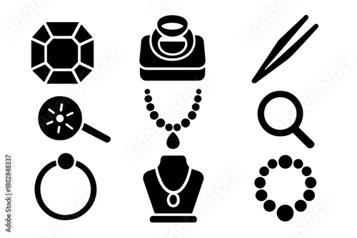 Jewelry Making Icons. Solid style icons of jewelry making: gemstone, ring mold, tweezers, polishing wheel, necklace, magnifying