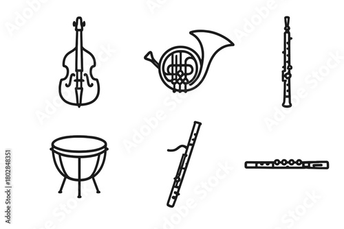 Orchestral Instruments Icons. Line style icons of orchestral instruments: double bass, French horn, oboe, timpani, bassoon,